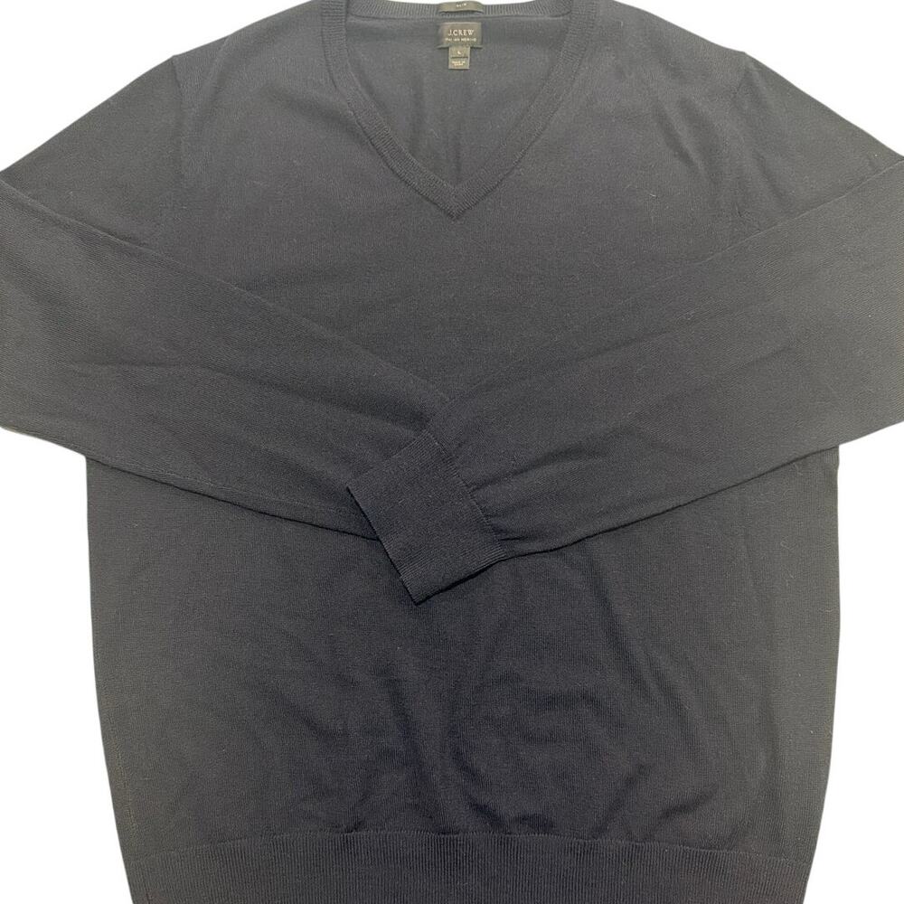 J. Crew Men's Sz L 100% Merino Wool Long Sleeve V-Neck Sweater Jumper Navy Blue